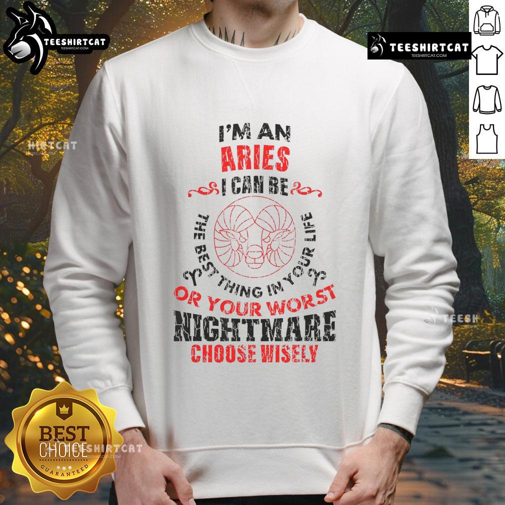 Top Im An Aries sweatshirt featuring bold text: 'I can be the best thing or your worst nightmare. Choose wisely.'
