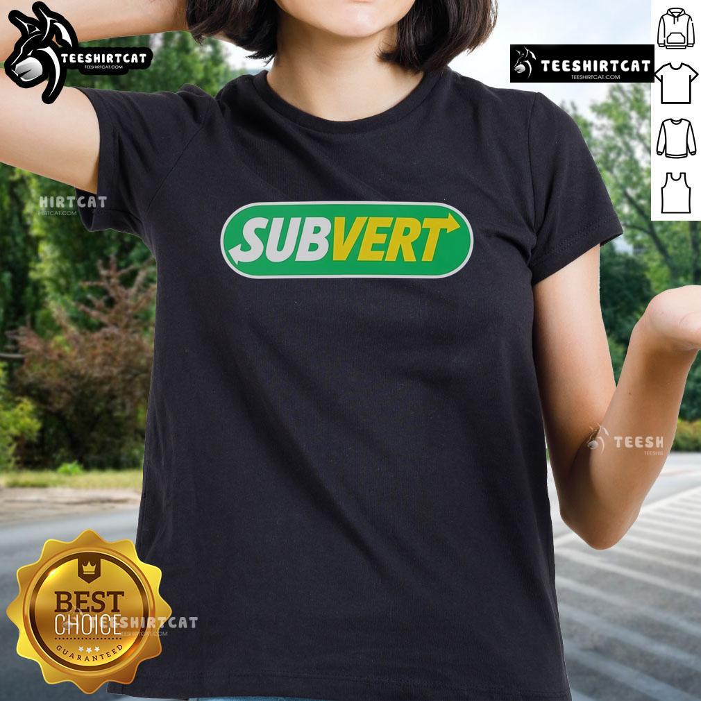 Top Subvert Subway Parody Logo Ladies Tee featuring a playful twist on the classic subway logo design.