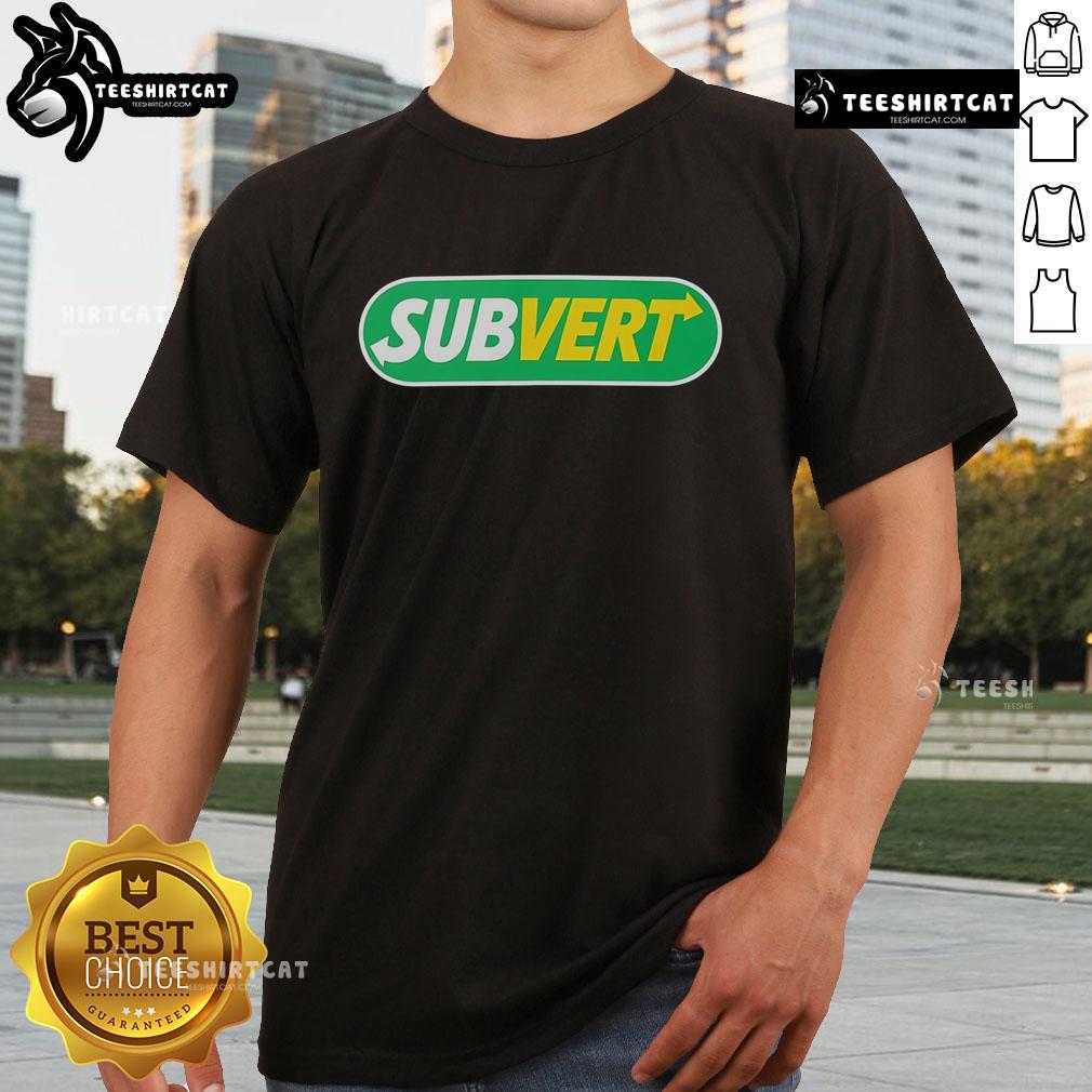 Top Subvert Subway Parody Logo T-Shirt featuring a creative twist on the classic subway logo design.