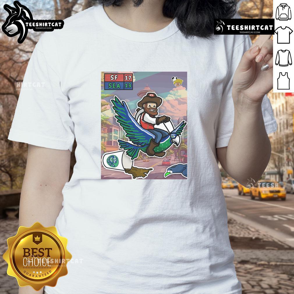 San Francisco 49ers ladies tee celebrating victory over Seattle Seahawks, showcasing team spirit and style.