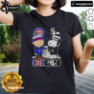 Alt Text: Cute Snoopy and Charlie Brown Chicago City sports tee featuring Cubs and White Sox skyline design for ladies.