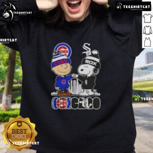 Cute Snoopy and Charlie Brown Chicago City Sports Cubs vs White Sox skyline sweatshirt design.