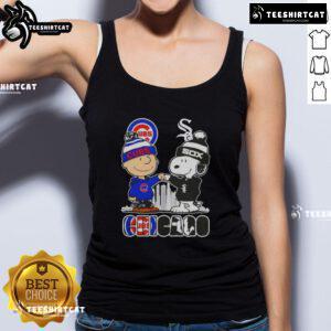 Cute Snoopy and Charlie Brown in Chicago sports Cubs vs. White Sox skyline tank top design for fans.