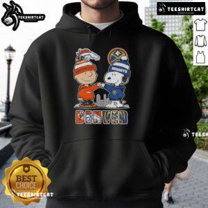Alt Text: Cute Snoopy and Charlie Brown Denver Sports Broncos X Nuggets Skyline Hoodie design featuring iconic characters.