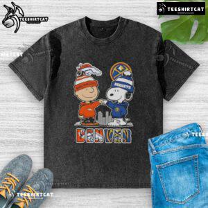 Cute Snoopy and Charlie Brown on a Denver sports t-shirt featuring Broncos and Nuggets skyline design.