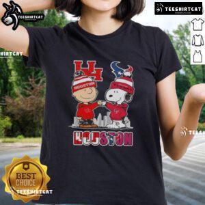 Alt Text: Cute Snoopy and Charlie Brown graphic on Houston Cougars X Texans skyline ladies tee shirt.