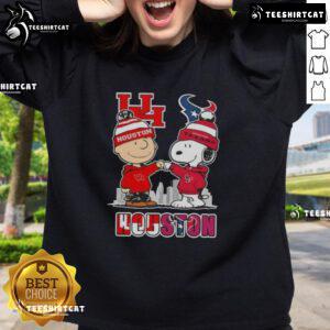 Cute Snoopy and Charlie Brown sweatshirt featuring Houston sports Cougars and Texans skyline design.