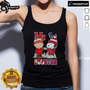 Cute Snoopy and Charlie Brown tank top featuring Houston sports Cougars and Texans skyline design.