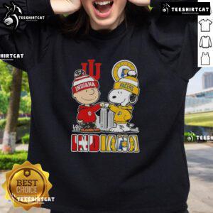 Cute Snoopy and Charlie Brown Indiana sports Hoosiers X Pacers skyline sweatshirt design featuring iconic characters.