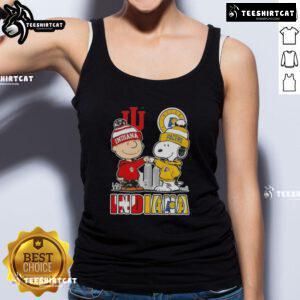 Alt Text: Cute Snoopy and Charlie Brown in Indiana sports Hoosiers X Pacers skyline tank top design for fans.