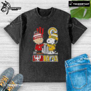 Alt Text: Cute Snoopy and Charlie Brown on Indiana Hoosiers X Pacers skyline washed t-shirt, perfect for sports fans.