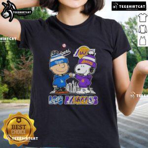 Cute Snoopy and Charlie Brown in Los Angeles skyline tee featuring Dodgers and Lakers for ladies.