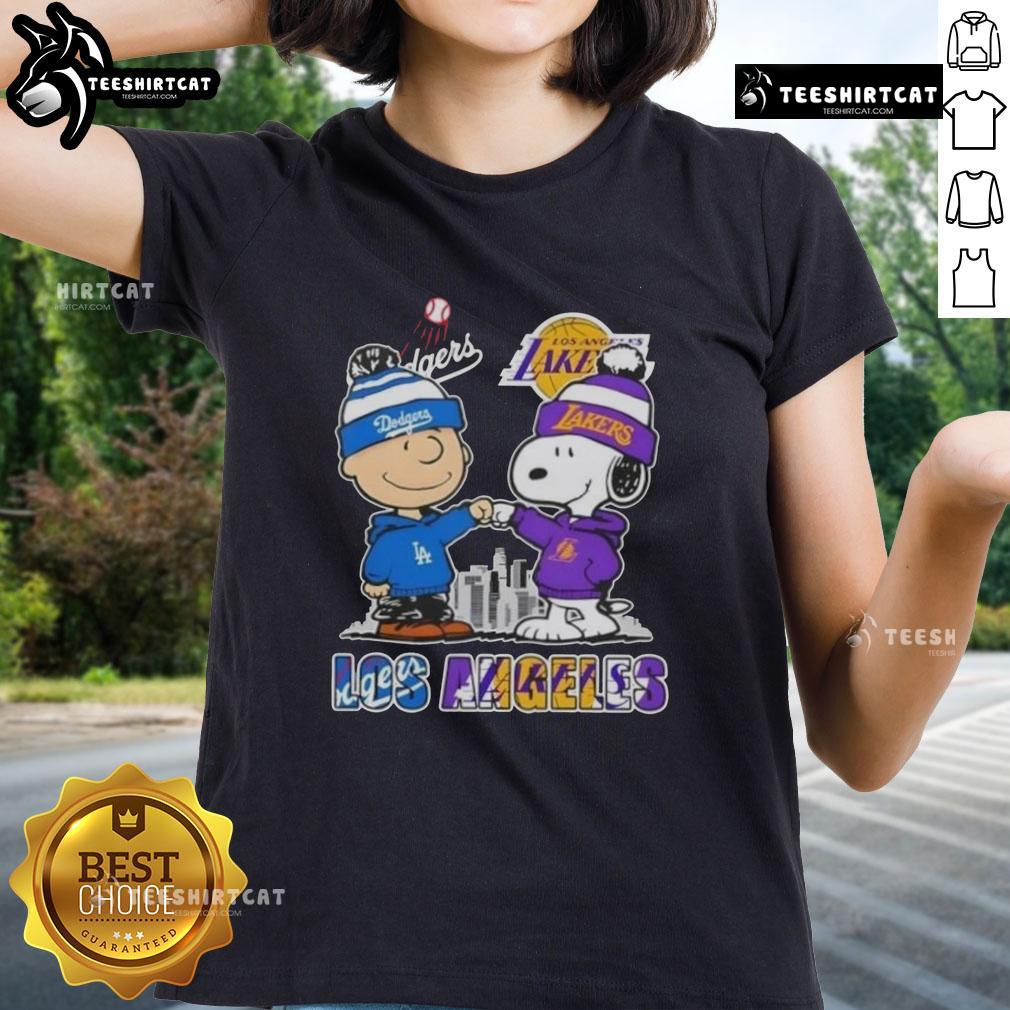 Cute Snoopy and Charlie Brown in Los Angeles skyline tee featuring Dodgers and Lakers for ladies.