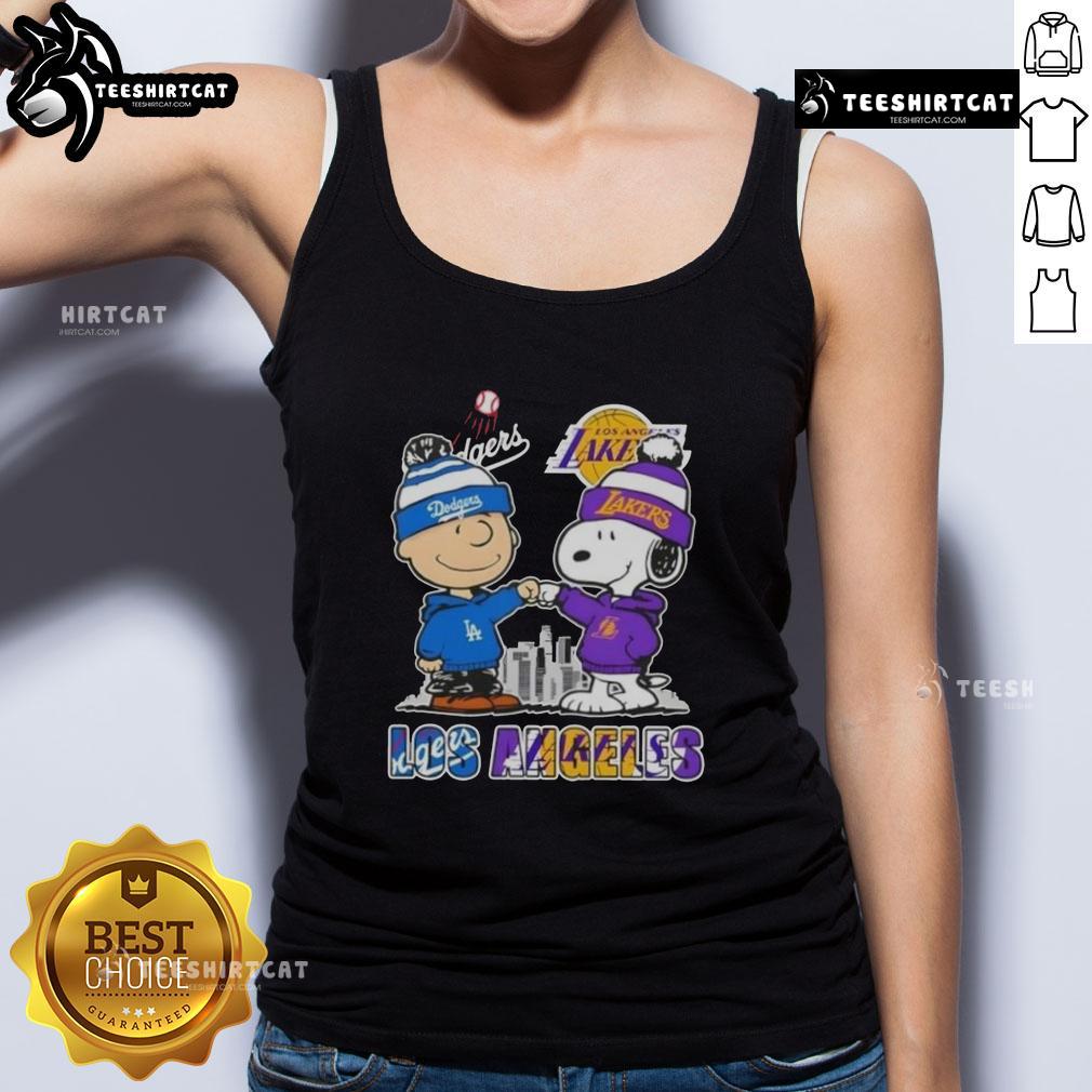 Cute Snoopy and Charlie Brown in Los Angeles skyline tank top featuring Dodgers and Lakers logos.