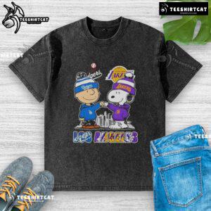 Cute Snoopy and Charlie Brown Los Angeles sports Dodgers X Lakers skyline washed t-shirt design for fans.