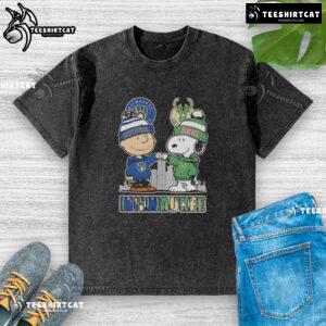 Alt Text: Cute Snoopy and Charlie Brown graphic on Milwaukee Brewers x Bucks skyline washed t-shirt, perfect for sports fans.