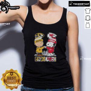 Cute Snoopy and Charlie Brown tank top featuring Missouri Tigers and Kansas City Chiefs skyline design.