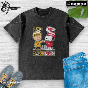 Alt Text: Cute Snoopy and Charlie Brown graphic on Missouri Tigers x Kansas City Chiefs skyline washed t-shirt.