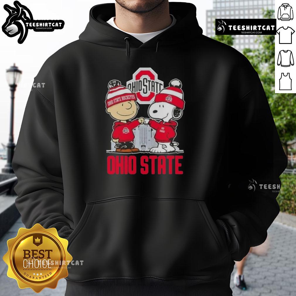 Cute Snoopy and Charlie Brown in Ohio State Buckeyes football hoodie against a skyline backdrop, perfect for fans.