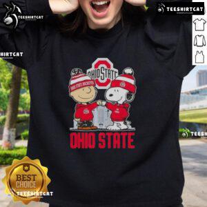 Cute Snoopy and Charlie Brown in Ohio State Buckeyes football sweatshirt, showcasing playful team spirit and charm.