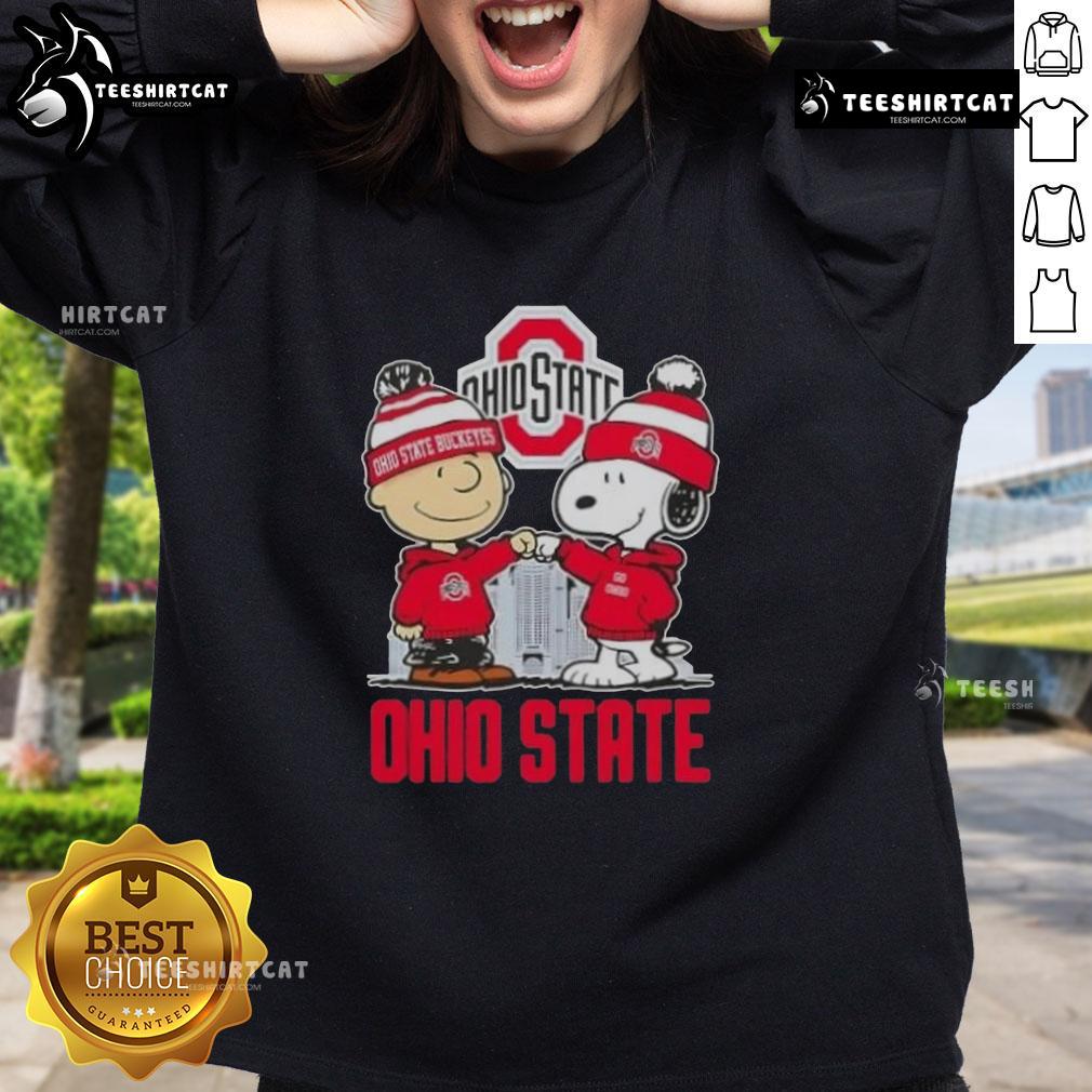 Cute Snoopy and Charlie Brown in Ohio State Buckeyes football sweatshirt, showcasing playful team spirit and charm.