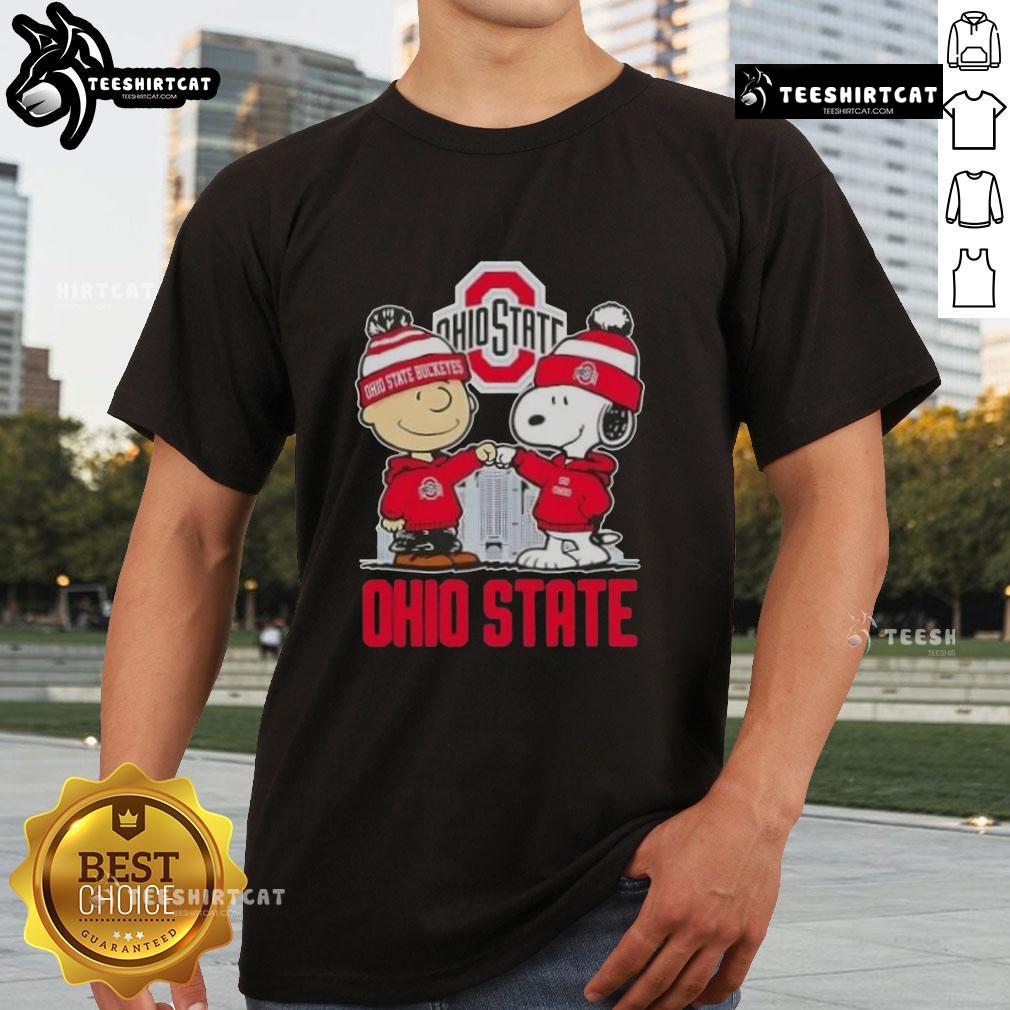 Alt Text: Cute Snoopy and Charlie Brown in Ohio State Buckeyes football gear on a skyline t-shirt design.