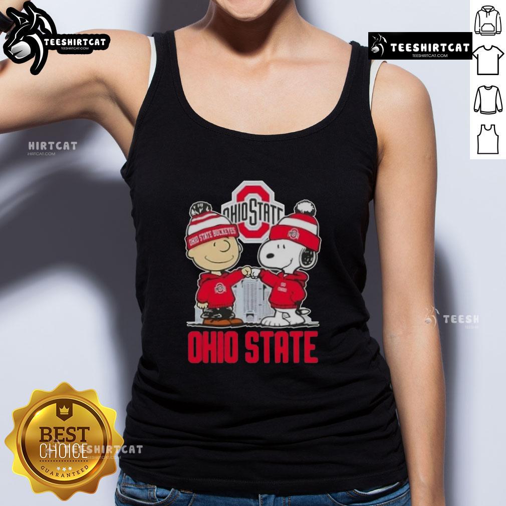 Cute Snoopy and Charlie Brown in Ohio State Buckeyes football skyline tank top, perfect for fans of Peanuts and college football.