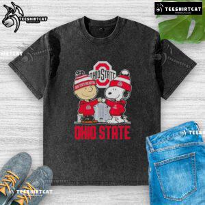 Alt Text: Cute Snoopy and Charlie Brown wearing Ohio State Buckeyes gear on a skyline washed t-shirt, perfect for fans.