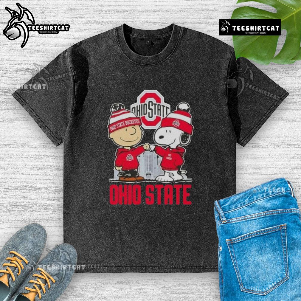 Alt Text: Cute Snoopy and Charlie Brown wearing Ohio State Buckeyes gear on a skyline washed t-shirt, perfect for fans.