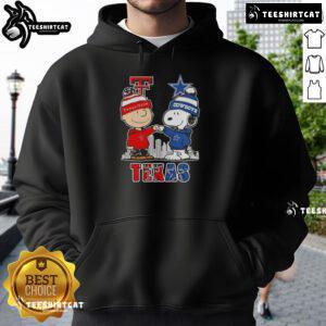 Cute Snoopy and Charlie Brown on Texas Tech Red Raiders X Dallas Cowboys skyline hoodie design.