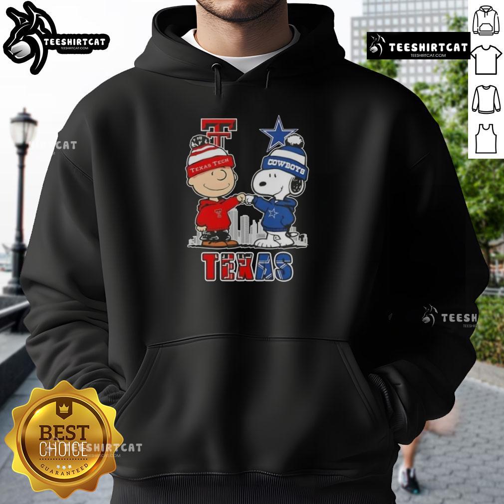 Cute Snoopy and Charlie Brown on Texas Tech Red Raiders X Dallas Cowboys skyline hoodie design.