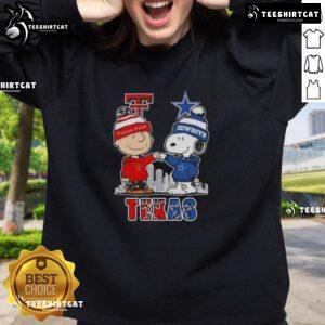 Alt Text: Cute Snoopy and Charlie Brown Texas Tech Red Raiders X Dallas Cowboys skyline sweatshirt design.