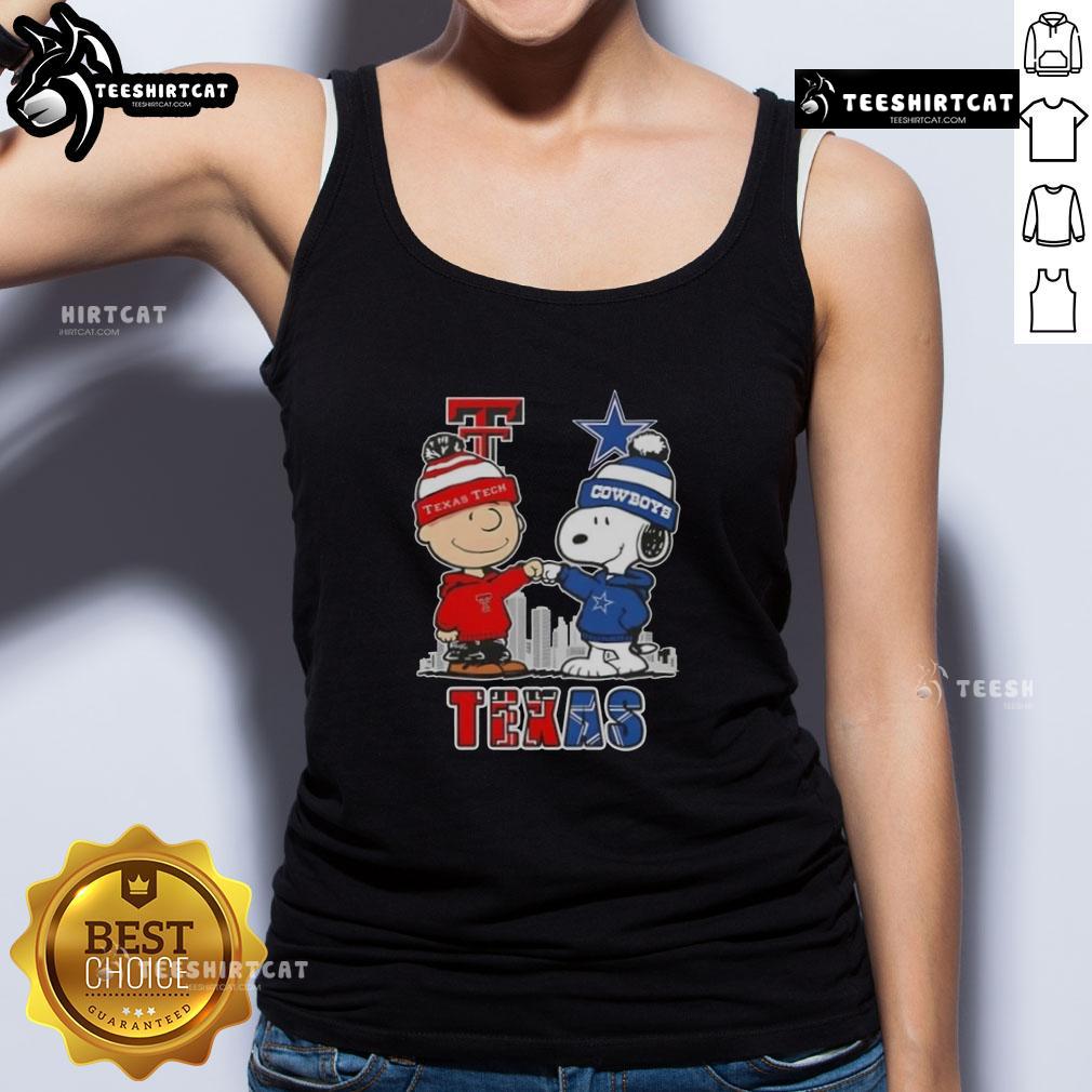 Alt Text: Cute Snoopy and Charlie Brown graphic on Texas Tech Red Raiders X Dallas Cowboys skyline tank top.