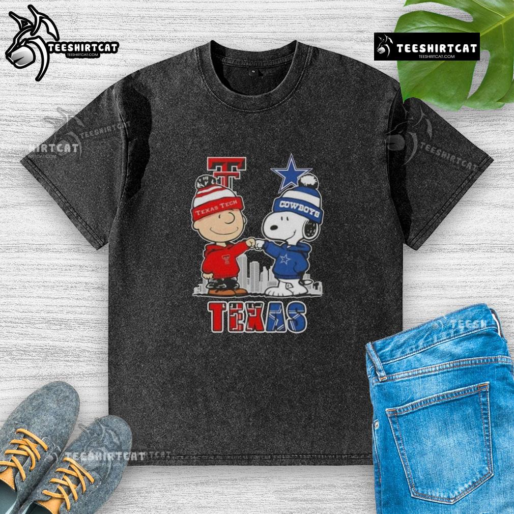 Alt Text: Cute Snoopy and Charlie Brown graphic on a Texas Tech Red Raiders X Dallas Cowboys skyline washed t-shirt.
