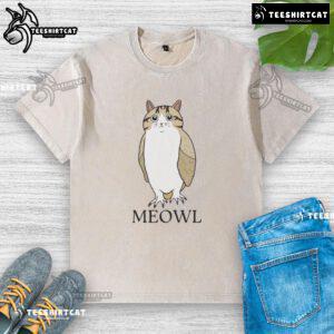Alt Text: Funny cute cat and owl graphic on a washed t-shirt, perfect for animal lovers and casual wear enthusiasts.