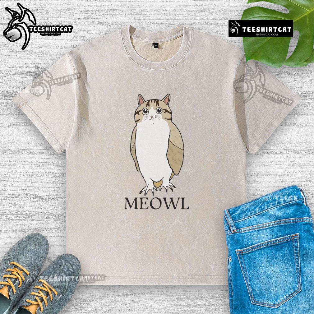 Alt Text: Funny cute cat and owl graphic on a washed t-shirt, perfect for animal lovers and casual wear enthusiasts.
