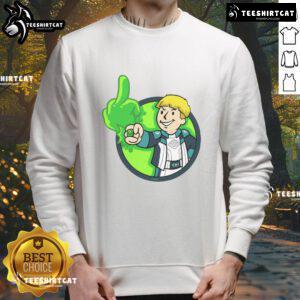 Funny green sweatshirt featuring a cartoon boy giving the middle finger, perfect for humor and casual wear.