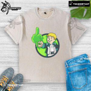 Funny green power t-shirt featuring a boy making a middle finger gesture, perfect for humorous casual wear.