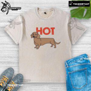 Alt Text: Funny hot dog dachshund graphic on a washed t-shirt, perfect for dog lovers and casual wear.