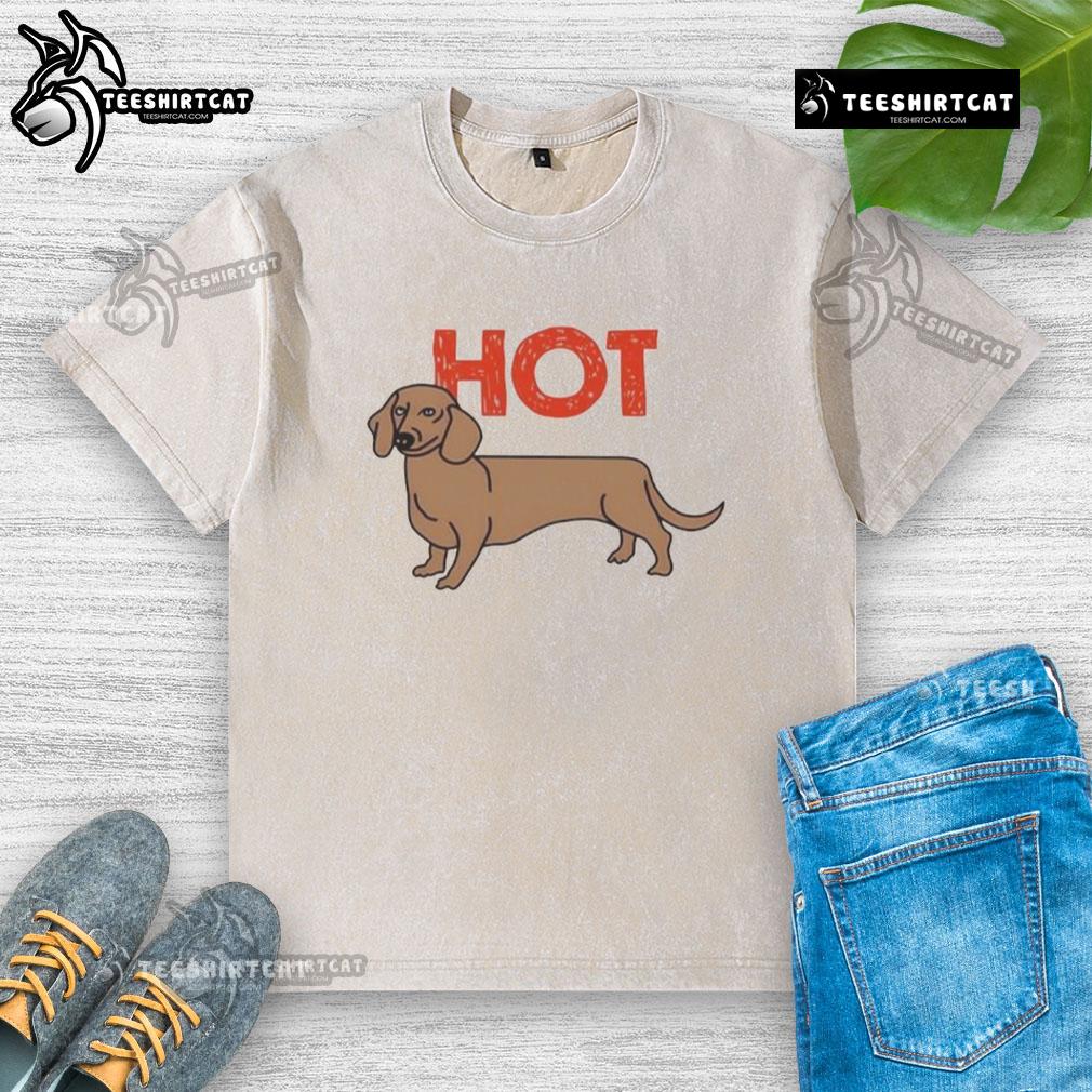 Alt Text: Funny hot dog dachshund graphic on a washed t-shirt, perfect for dog lovers and casual wear.