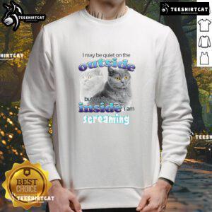 Alt Text: Funny cat sweatshirt: 'I may be quiet on the outside but on the inside, I am streaming' with a playful cat graphic.