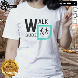 Funny Walk Budz logo on a stylish ladies tee, showcasing a unique and playful design perfect for casual wear.
