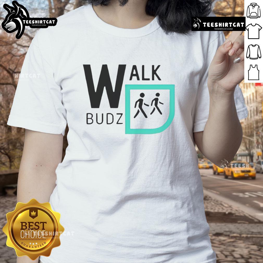 Funny Walk Budz logo on a stylish ladies tee, showcasing a unique and playful design perfect for casual wear.