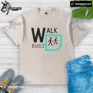 Funny Walk Budz logo on a washed t-shirt, featuring a playful design perfect for casual wear and laughter.