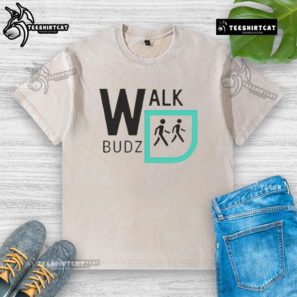 Funny Walk Budz logo on a washed t-shirt, featuring a playful design perfect for casual wear and laughter.