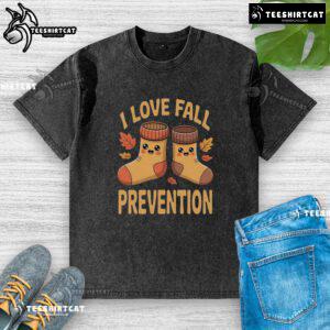 Good I Love Fall Prevention Awareness Rehab T-Shirt worn by a physical therapist promoting safety and health.
