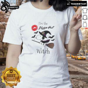 Good Pizza Hut x Snoopy I'm the Witch Halloween ladies tee featuring a fun design perfect for Halloween festivities.