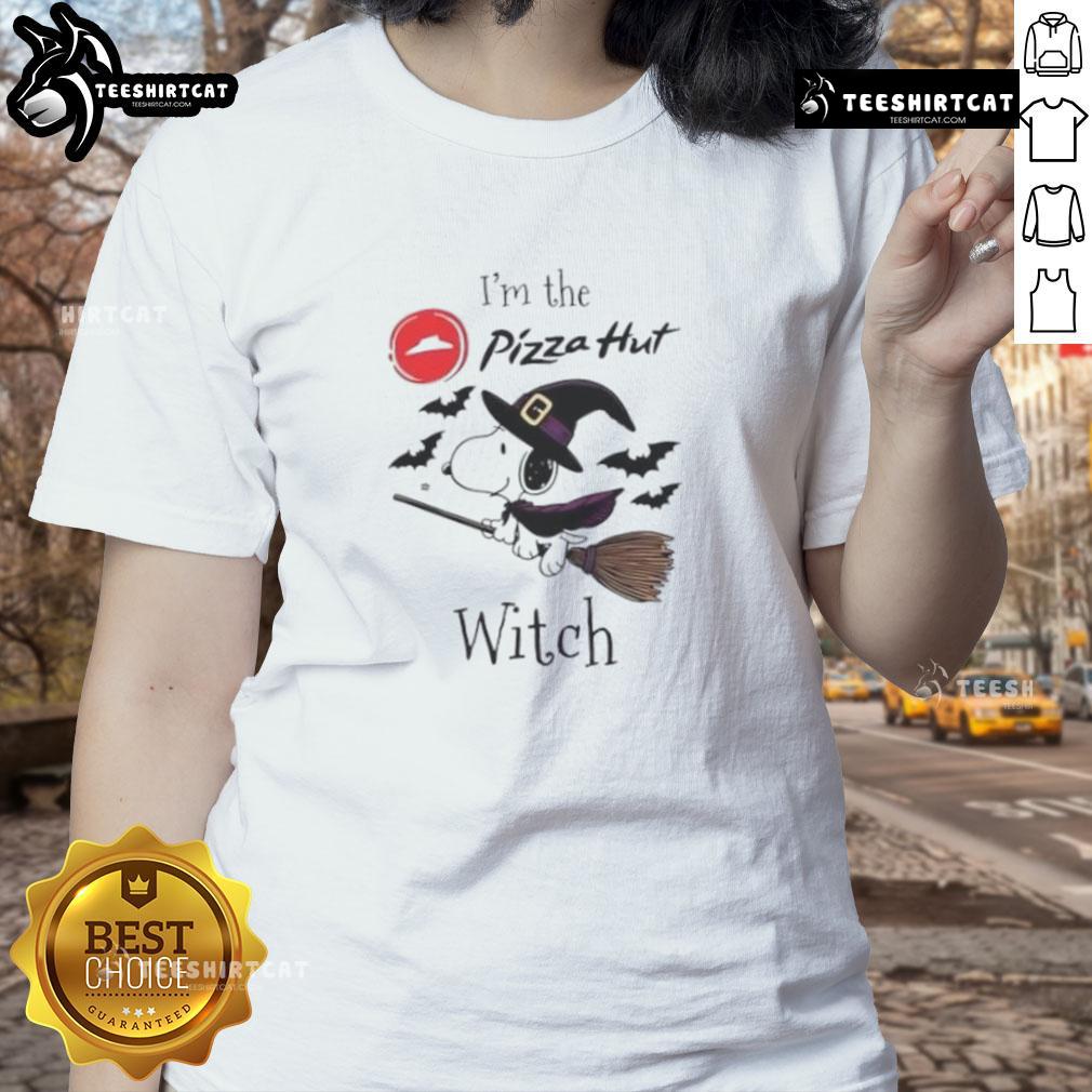 Good Pizza Hut x Snoopy I'm the Witch Halloween ladies tee featuring a fun design perfect for Halloween festivities.