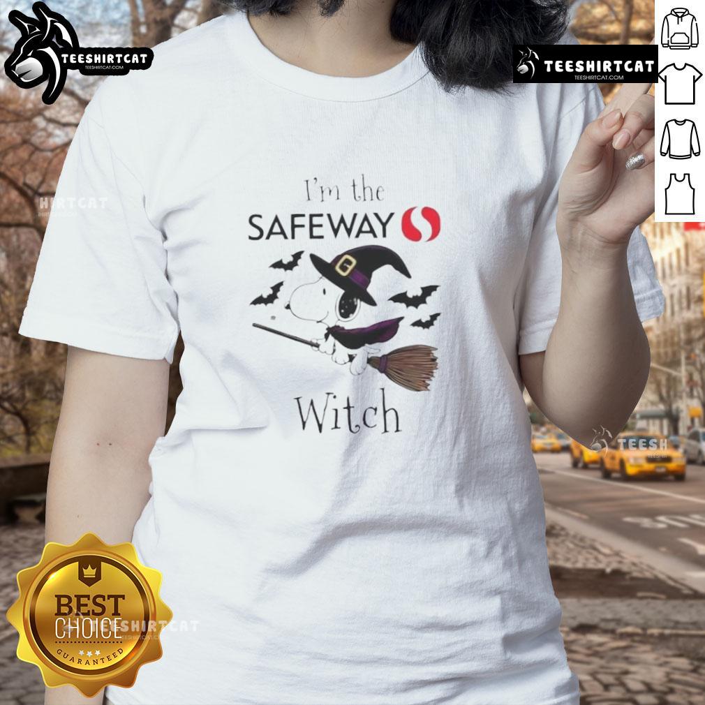 Good Safewa X Snoopy I'm The Witch Halloween Ladies Tee in black featuring Snoopy and Halloween-themed graphics.