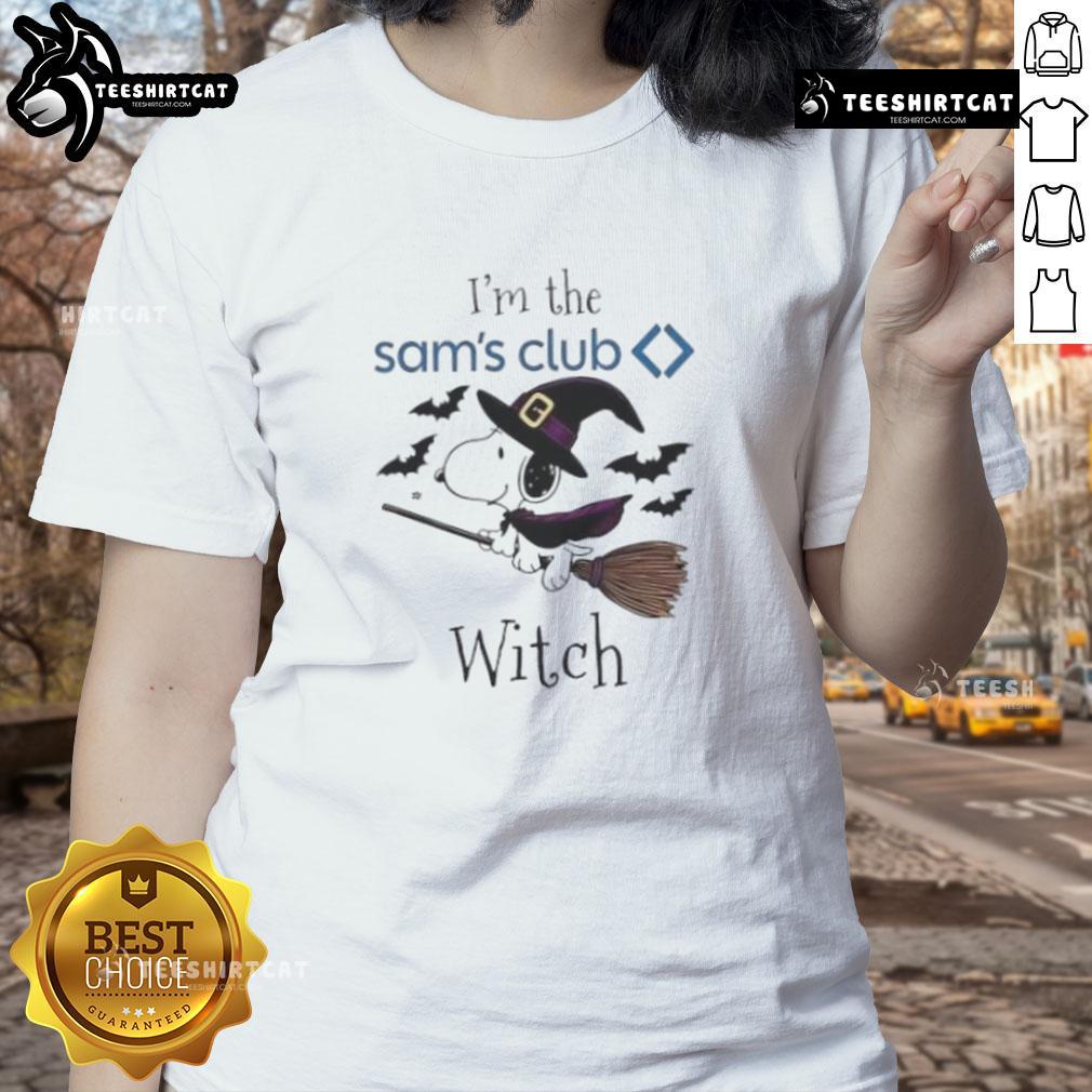 Good Sams Club x Snoopy I'm the Witch Halloween Ladies Tee featuring a playful witch design perfect for Halloween festivities.